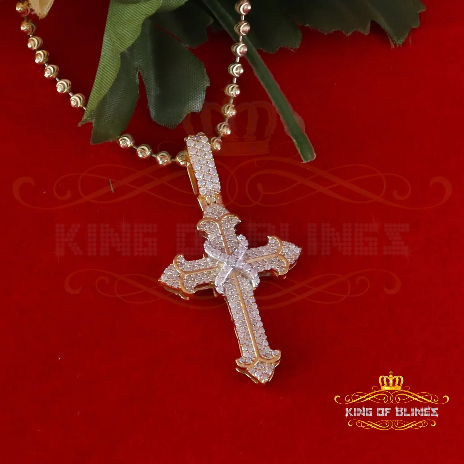 King Of Bling's 925 Sterling Yellow Silver 1.50ct VVS D Clr.Moissanite Cross Pendant Men/ Women.