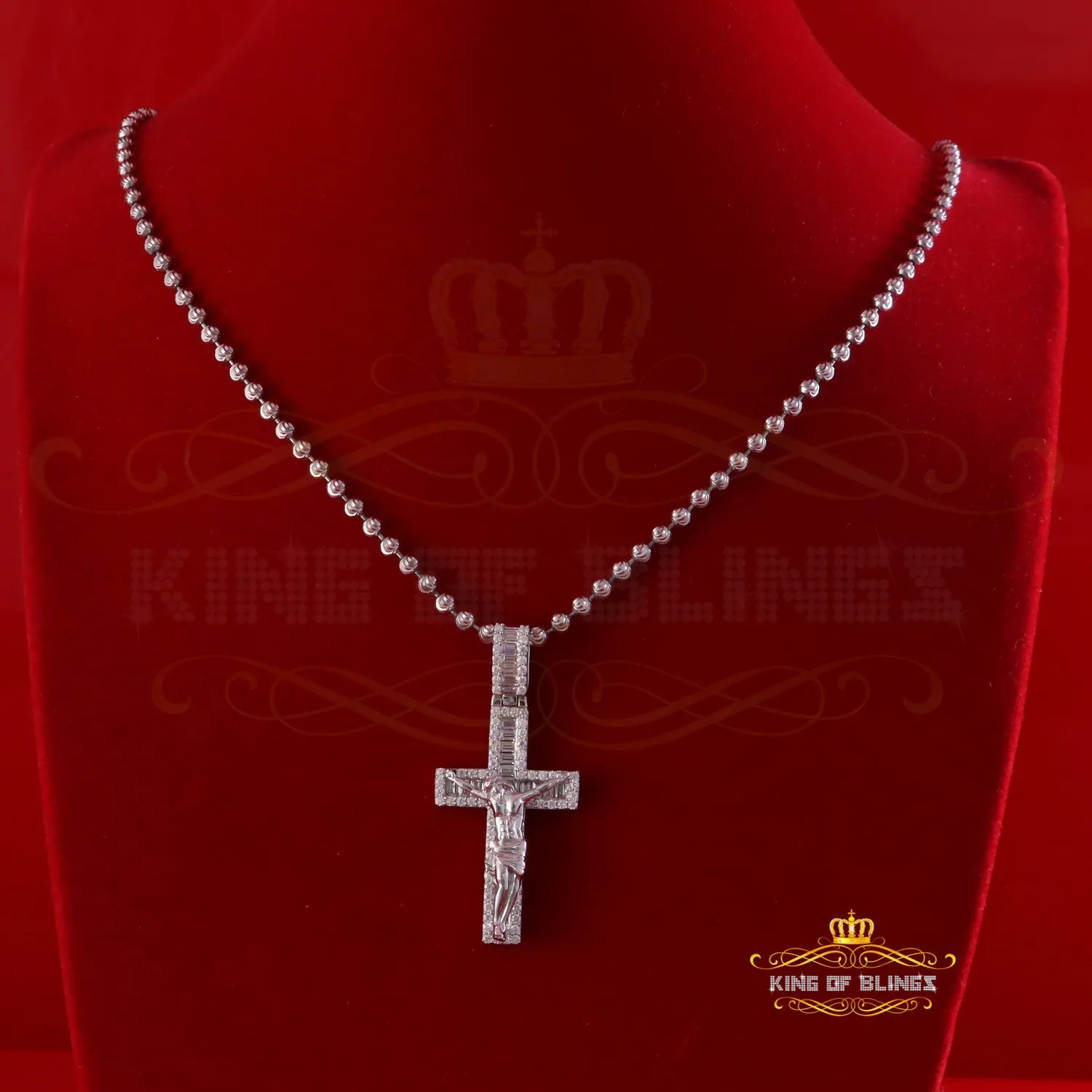 King Of Bling's New Mens 2.25ct VVS D Clr. Moissanite Baguette Jesus Cross Pendant White Silver