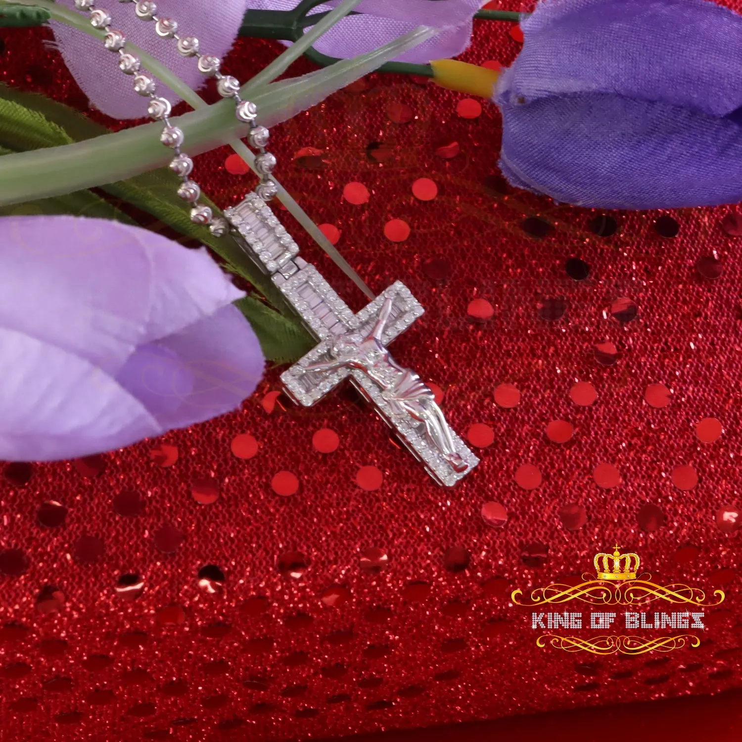 King Of Bling's New Mens 2.25ct VVS D Clr. Moissanite Baguette Jesus Cross Pendant White Silver