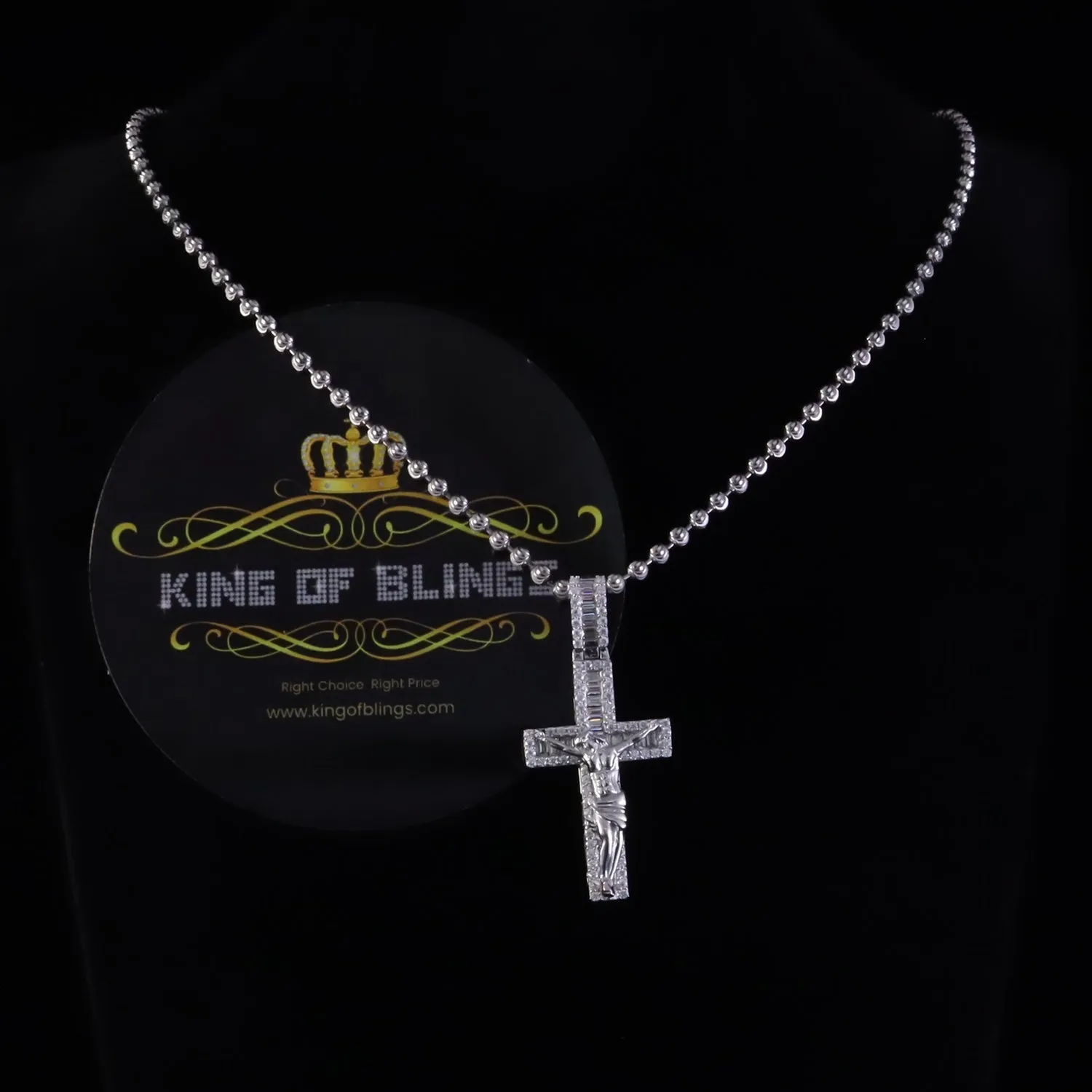 King Of Bling's New Mens 2.25ct VVS D Clr. Moissanite Baguette Jesus Cross Pendant White Silver