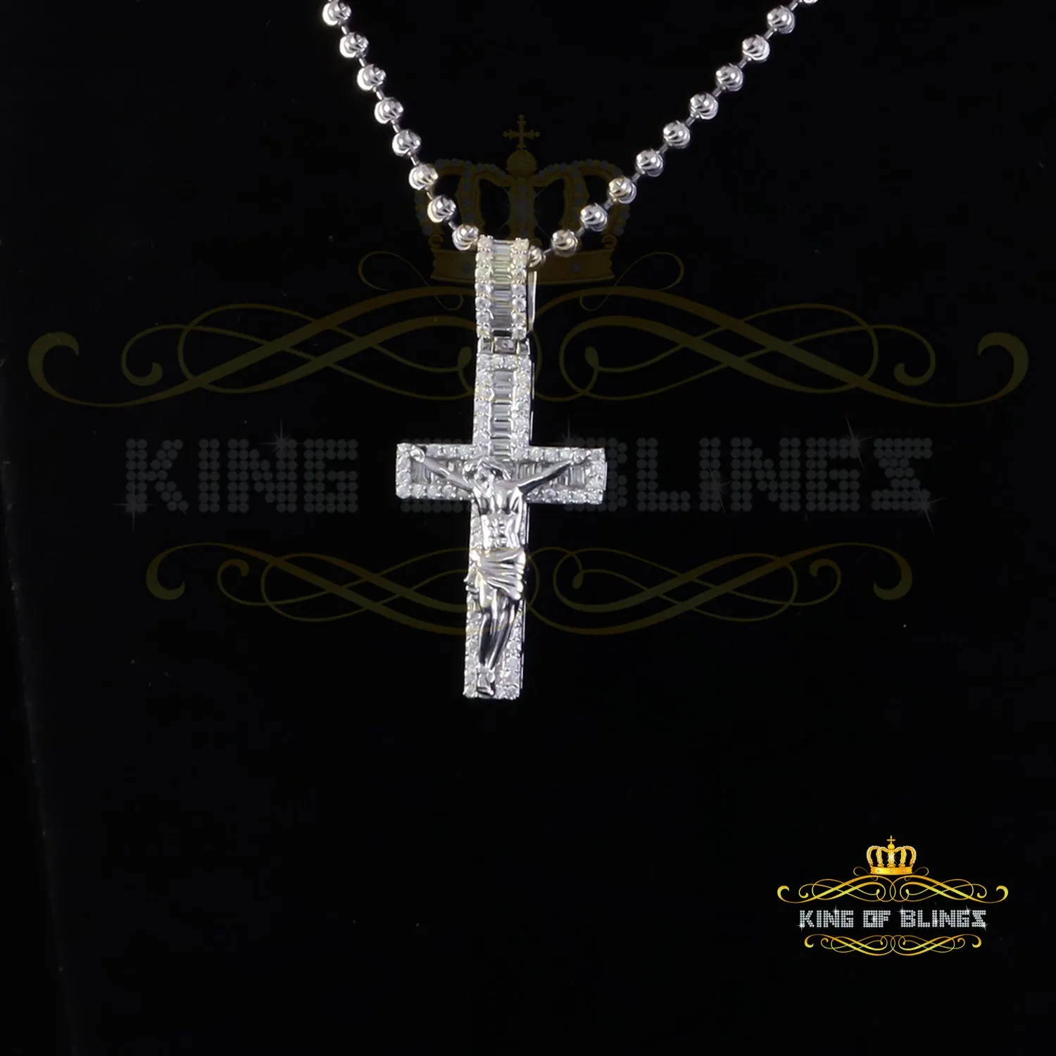 King Of Bling's New Mens 2.25ct VVS D Clr. Moissanite Baguette Jesus Cross Pendant White Silver