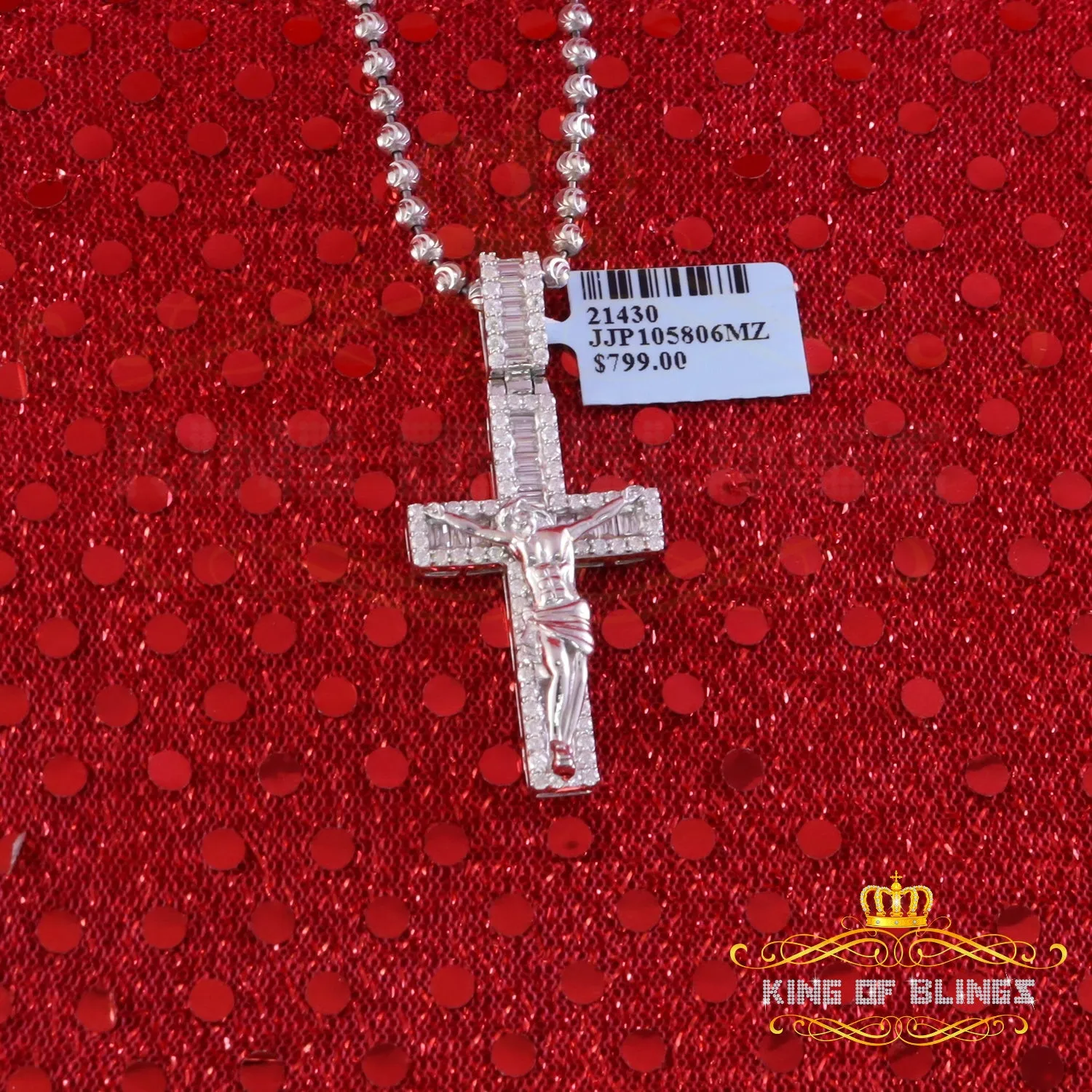 King Of Bling's New Mens 2.25ct VVS D Clr. Moissanite Baguette Jesus Cross Pendant White Silver