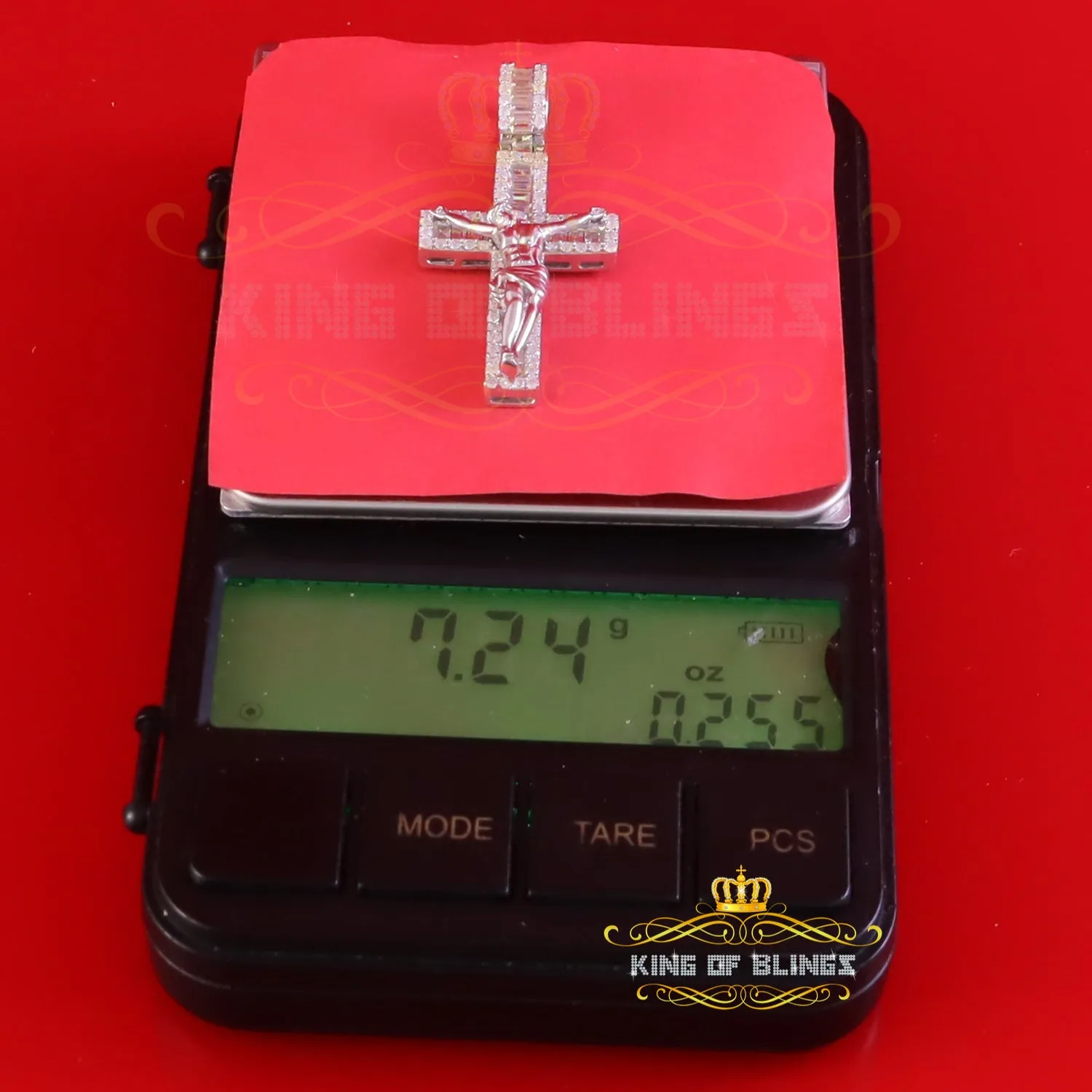 King Of Bling's New Mens 2.25ct VVS D Clr. Moissanite Baguette Jesus Cross Pendant White Silver