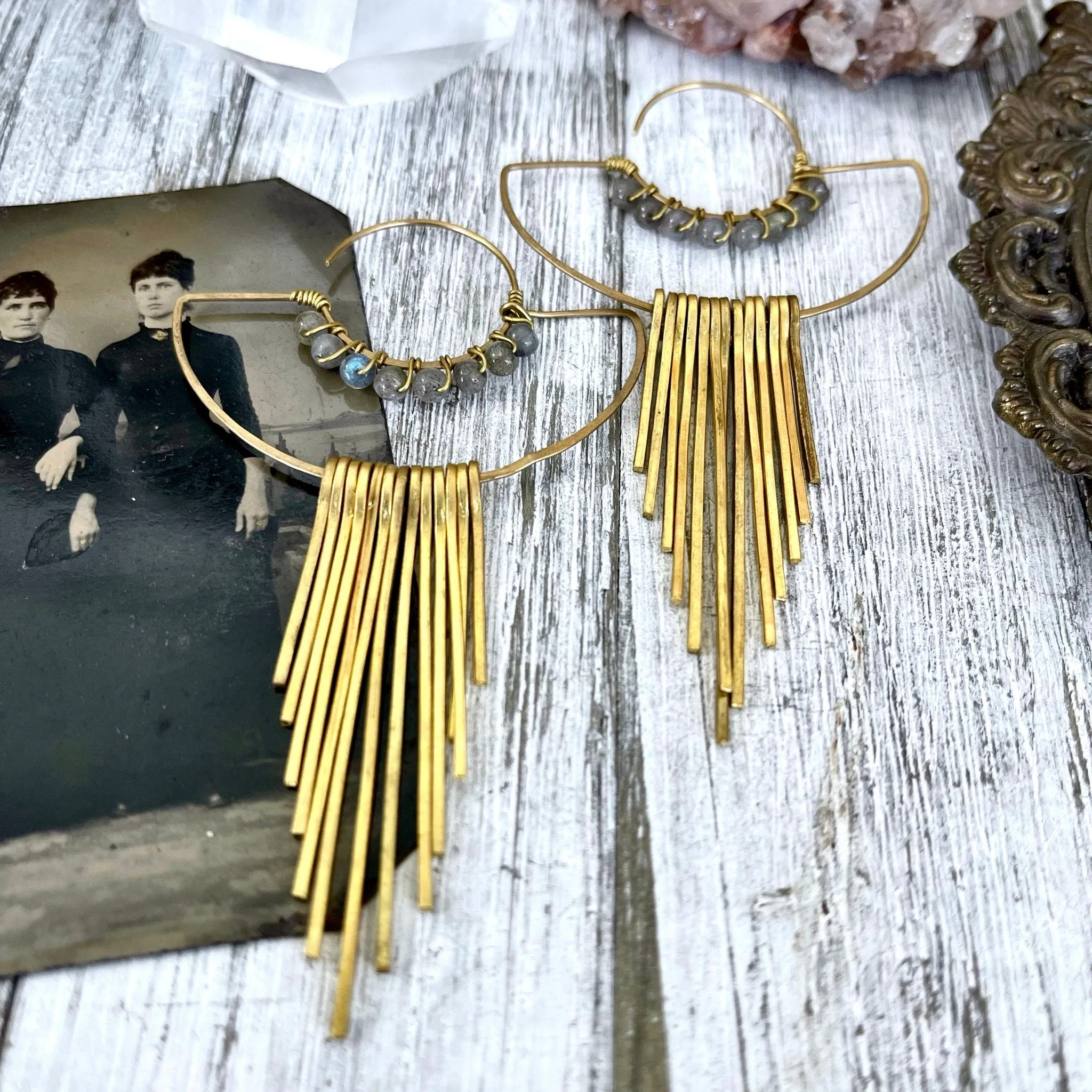 Large Brass and Labradorite Fringe Earrings