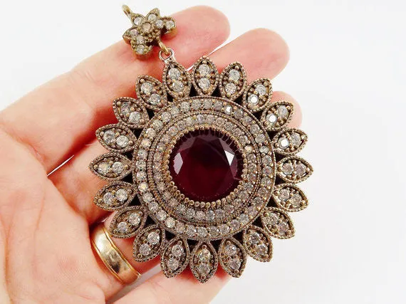 Large Round Flower Shaped Red & Clear Rhinestone Crystal Pendant - Antique Bronze - 1PC