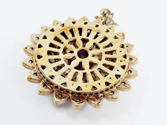 Large Round Flower Shaped Red & Clear Rhinestone Crystal Pendant - Antique Bronze - 1PC