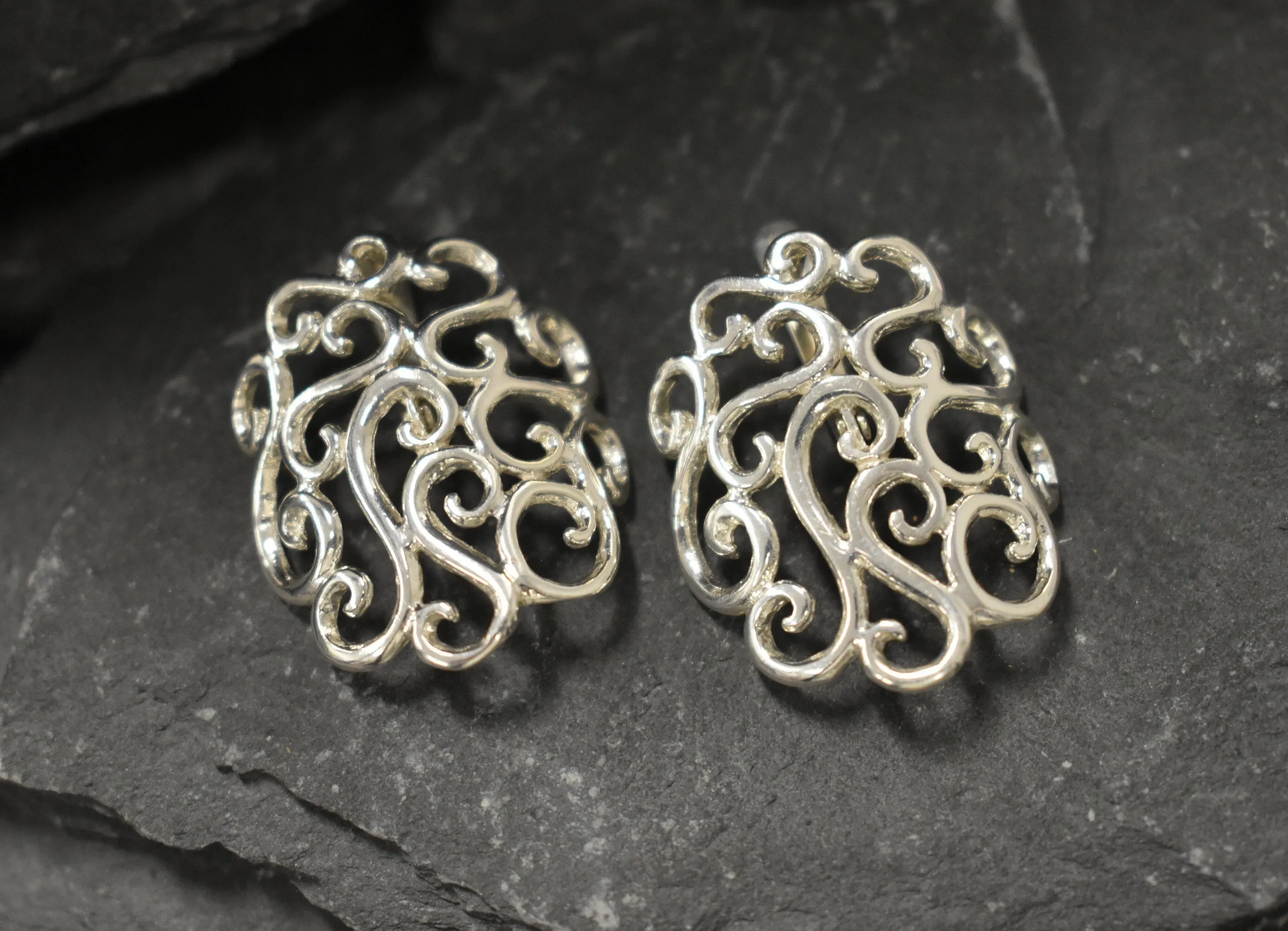 Large Swirl Earrings - Silver Heavy Earrings - Silver Ornament Earrings
