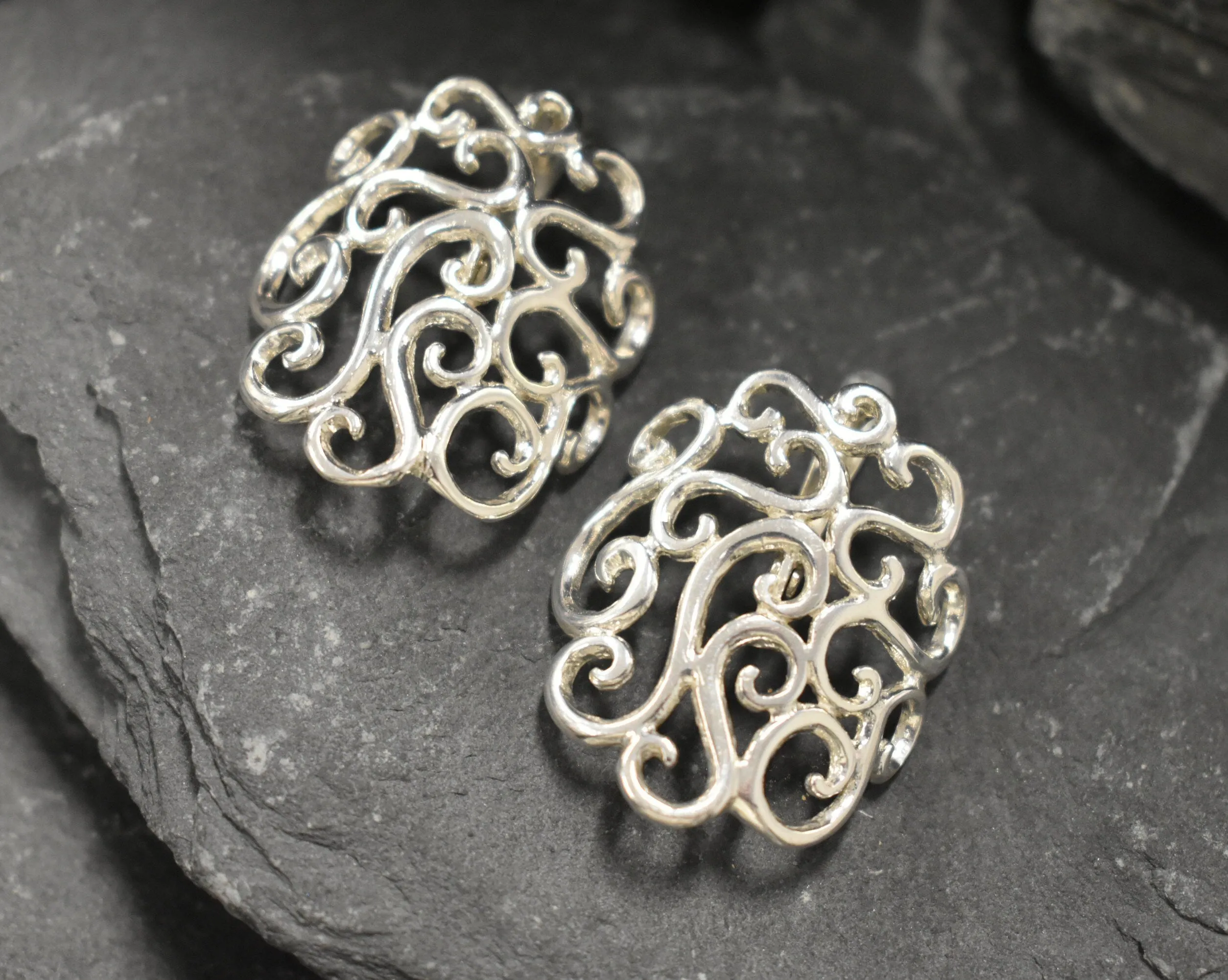 Large Swirl Earrings - Silver Heavy Earrings - Silver Ornament Earrings