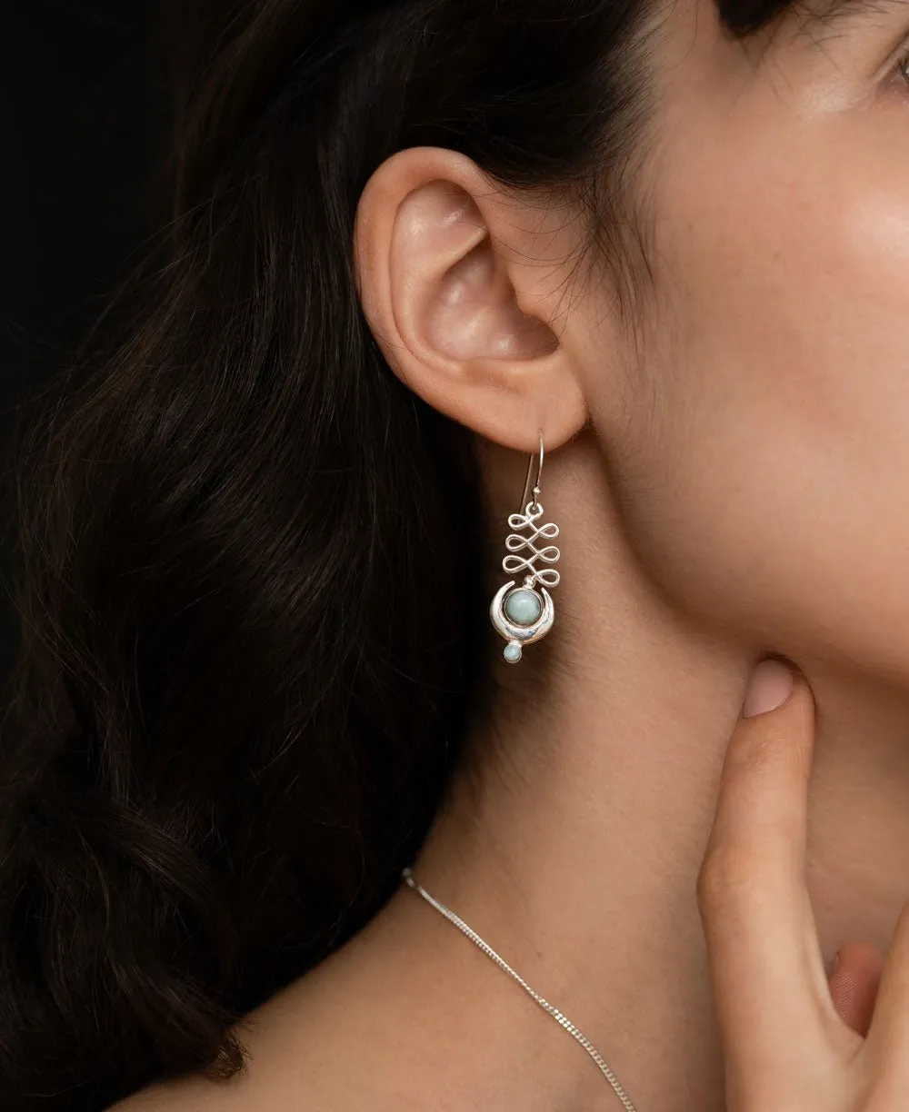 Larimar and Sterling Silver Unalome Moon Earrings