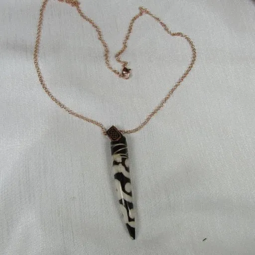 Long Big Bold  African Batik Bone Pendant Necklace Copper Chain