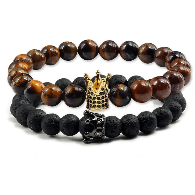 Lovers Imperial Crown Bracelets 10 Varied set of 2 Natural Lava Stone colored combinations Bracelets