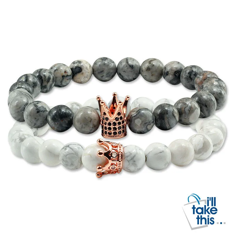 Lovers Imperial Crown Bracelets 10 Varied set of 2 Natural Lava Stone colored combinations Bracelets