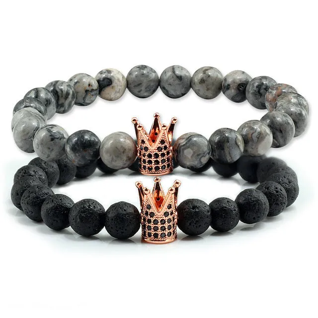 Lovers Imperial Crown Bracelets 10 Varied set of 2 Natural Lava Stone colored combinations Bracelets