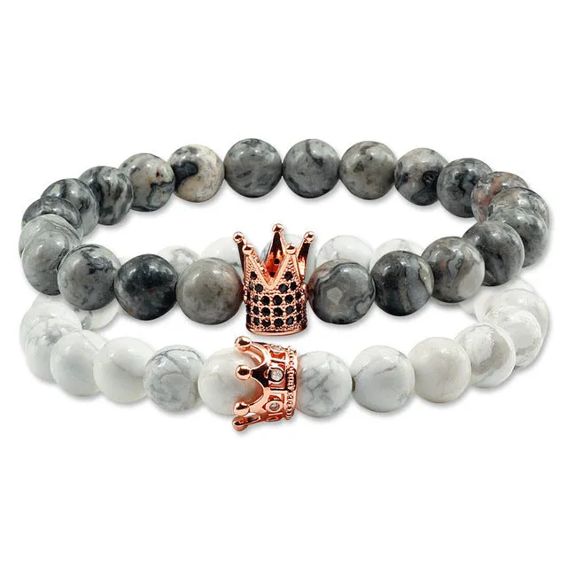 Lovers Imperial Crown Bracelets 10 Varied set of 2 Natural Lava Stone colored combinations Bracelets
