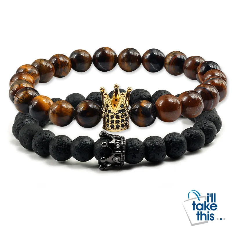 Lovers Imperial Crown Bracelets 10 Varied set of 2 Natural Lava Stone colored combinations Bracelets