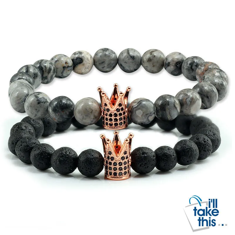 Lovers Imperial Crown Bracelets 10 Varied set of 2 Natural Lava Stone colored combinations Bracelets