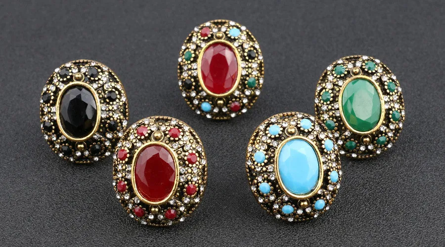 Luxurious Oval Big Turquoise Ring Turkey Jewelry Vintage Look Inlaid 7 Colour Resin Wedding Ring For Women