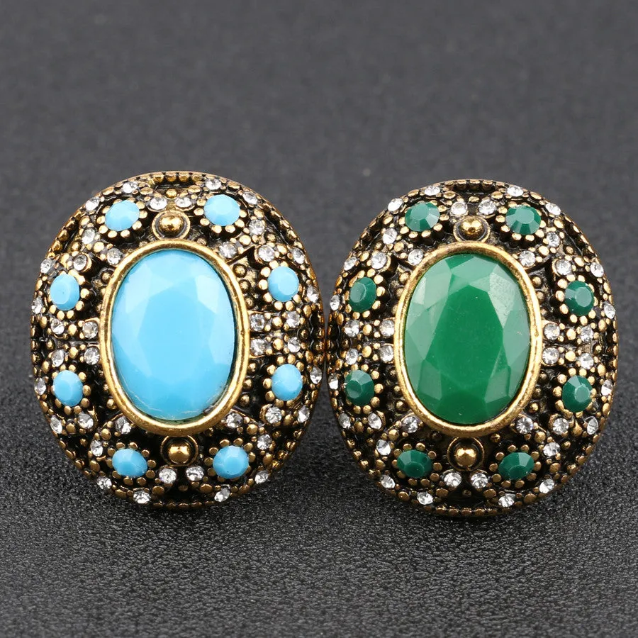 Luxurious Oval Big Turquoise Ring Turkey Jewelry Vintage Look Inlaid 7 Colour Resin Wedding Ring For Women