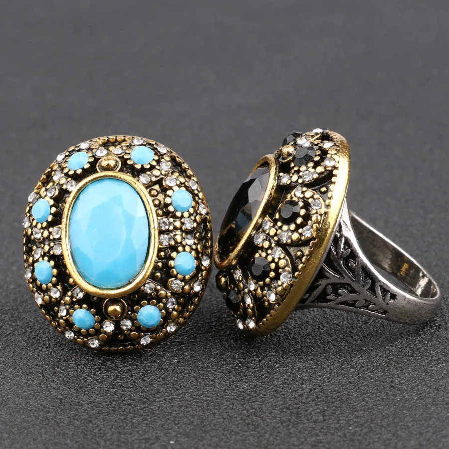 Luxurious Oval Big Turquoise Ring Turkey Jewelry Vintage Look Inlaid 7 Colour Resin Wedding Ring For Women