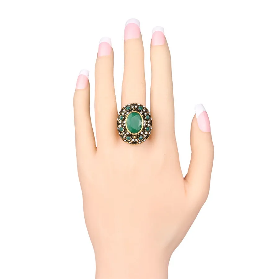 Luxurious Oval Big Turquoise Ring Turkey Jewelry Vintage Look Inlaid 7 Colour Resin Wedding Ring For Women