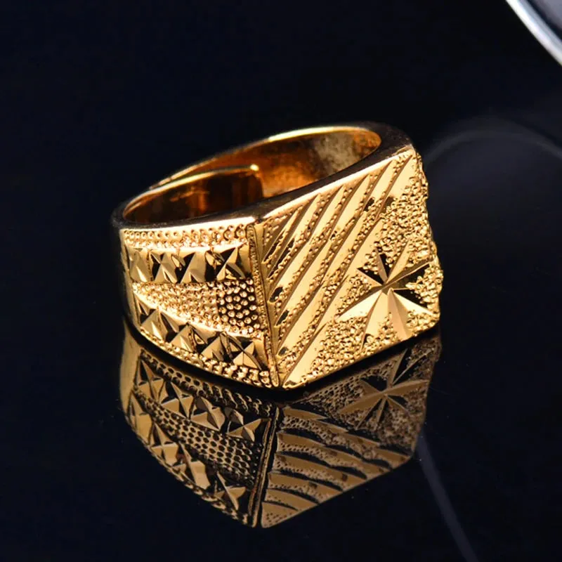 Luxurious Wide Free Size Pure Copper Rings Yellow Gold Color Geometric Patterns Rings For Men