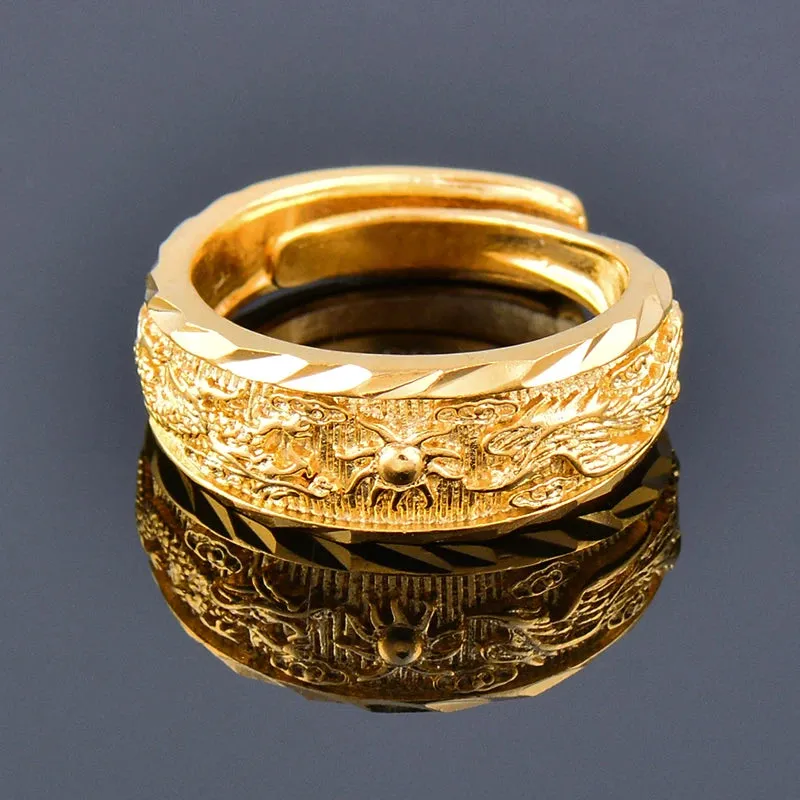 Luxurious Wide Free Size Pure Copper Rings Yellow Gold Color Geometric Patterns Rings For Men
