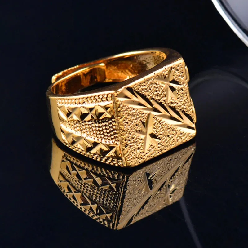 Luxurious Wide Free Size Pure Copper Rings Yellow Gold Color Geometric Patterns Rings For Men