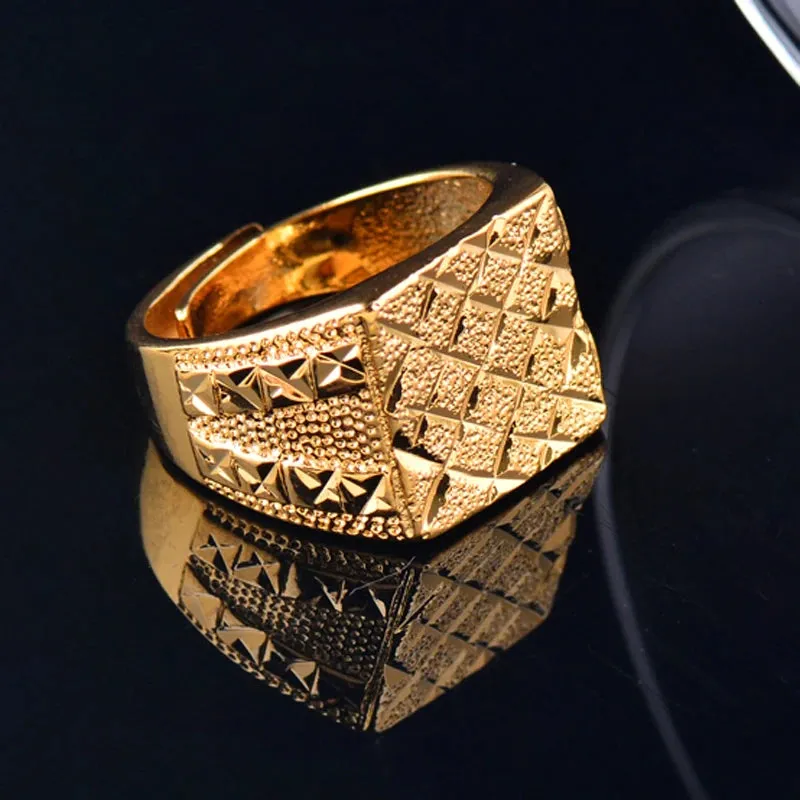 Luxurious Wide Free Size Pure Copper Rings Yellow Gold Color Geometric Patterns Rings For Men