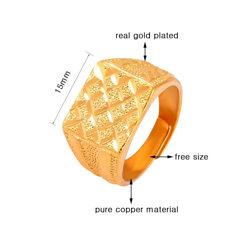 Luxurious Wide Free Size Pure Copper Rings Yellow Gold Color Geometric Patterns Rings For Men