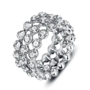 Luxurious Zinc Alloy Rhodium Plated Rings for Women with 3 Rows of Shiny White Cubic Zirconia Stones – Trendy Jewelry Gift