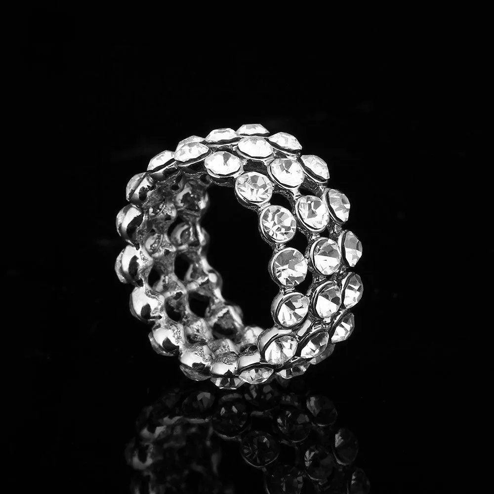 Luxurious Zinc Alloy Rhodium Plated Rings for Women with 3 Rows of Shiny White Cubic Zirconia Stones – Trendy Jewelry Gift