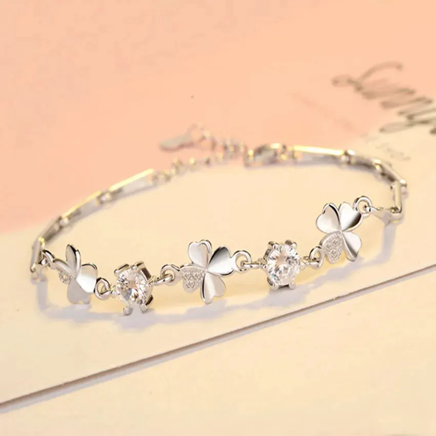 Luxury Crystal Lucky Clover 925 Sterling Silver Bracelets for Women Fine Jewelry Accessories
