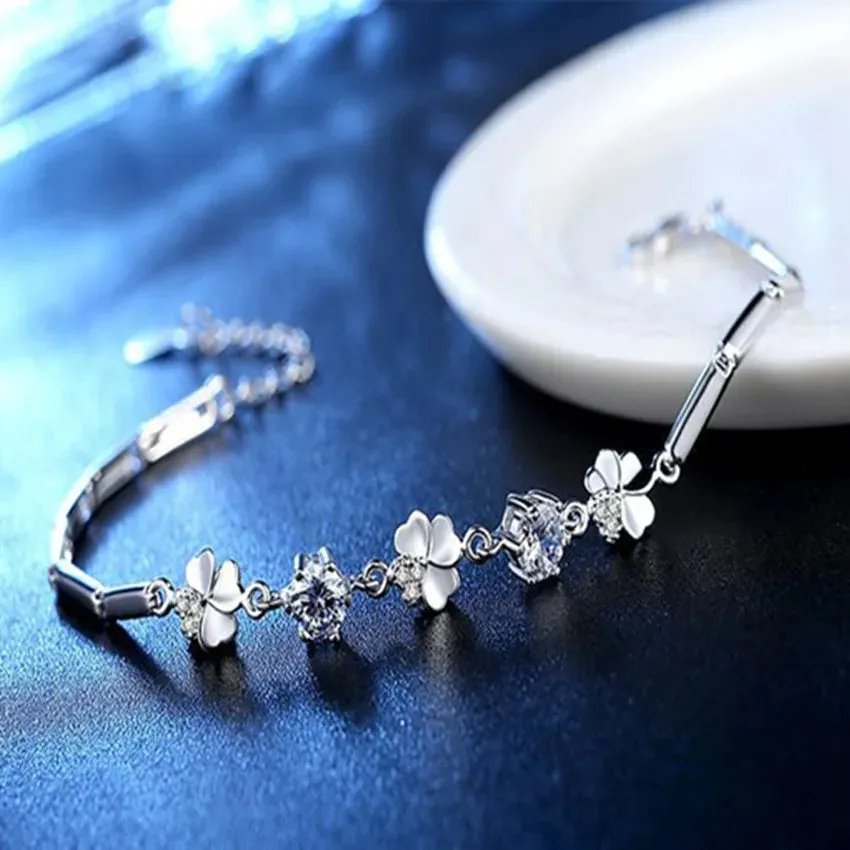 Luxury Crystal Lucky Clover 925 Sterling Silver Bracelets for Women Fine Jewelry Accessories