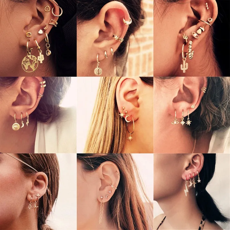 Modyle 2020 New Fashion Gold Color Earrings For Woman Trendy Geometric Map Circle Moon Star Stud Earrings Set Female Jewelry