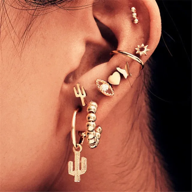 Modyle 2020 New Fashion Gold Color Earrings For Woman Trendy Geometric Map Circle Moon Star Stud Earrings Set Female Jewelry