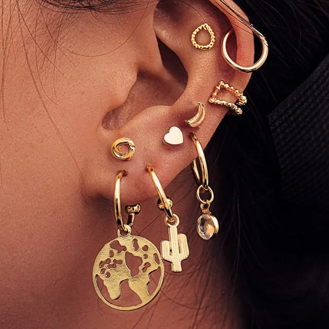 Modyle 2020 New Fashion Gold Color Earrings For Woman Trendy Geometric Map Circle Moon Star Stud Earrings Set Female Jewelry