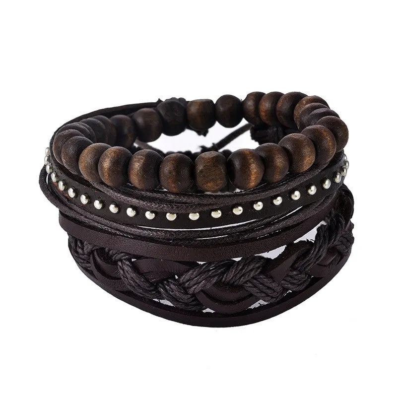 Multilayer Leather Bracelet Men Jewelry Boho Rock Wood Bead Bracelets For Women Love Vintage Bracelets & Bangles