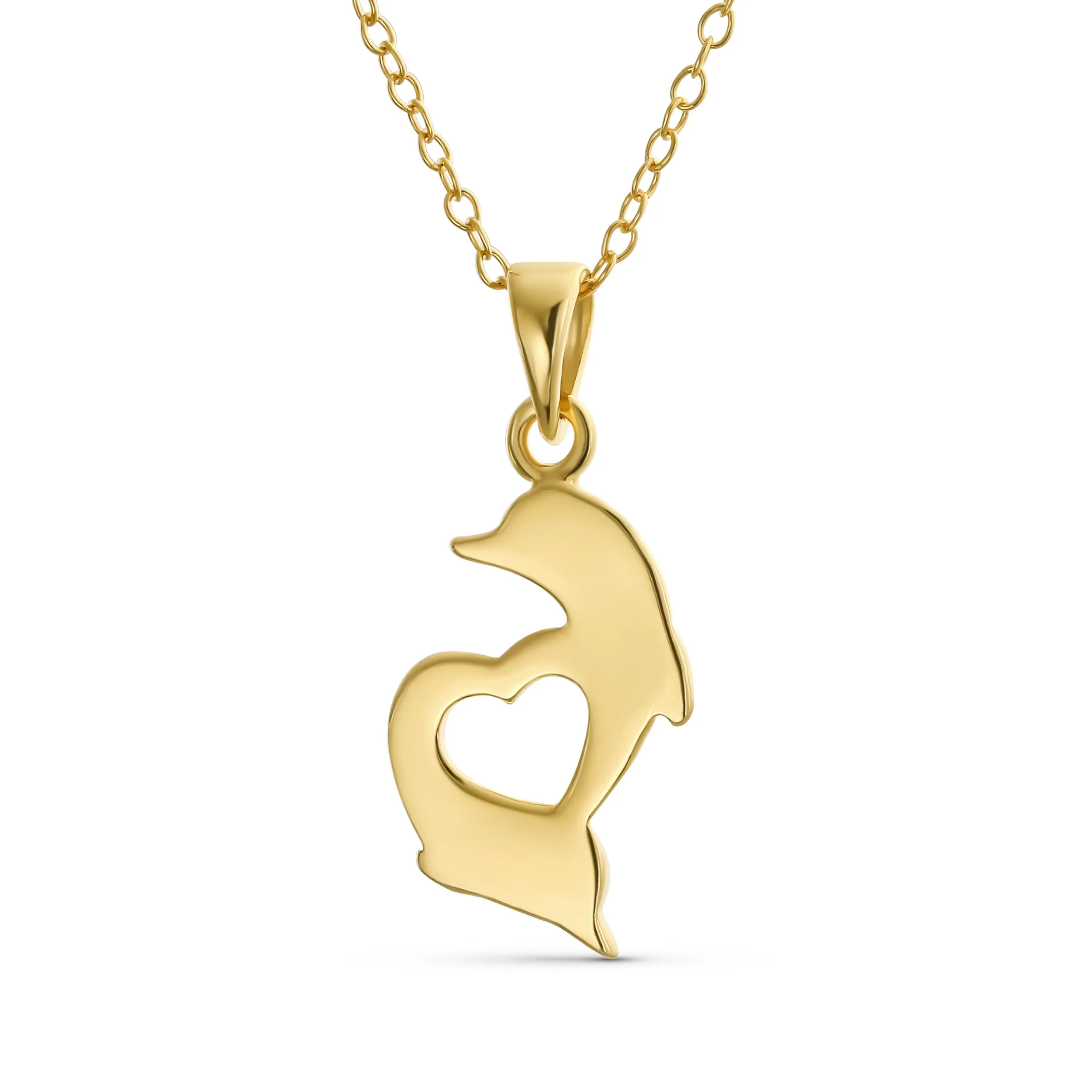 Nautical Heart Dolphins Charm Pendant Necklace in 14K Gold Plated Silver