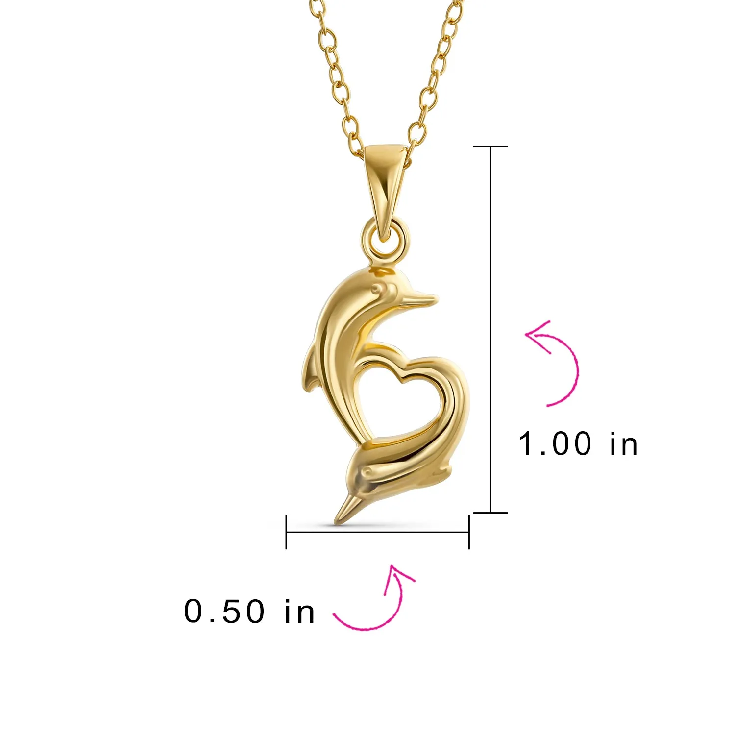 Nautical Heart Dolphins Charm Pendant Necklace in 14K Gold Plated Silver