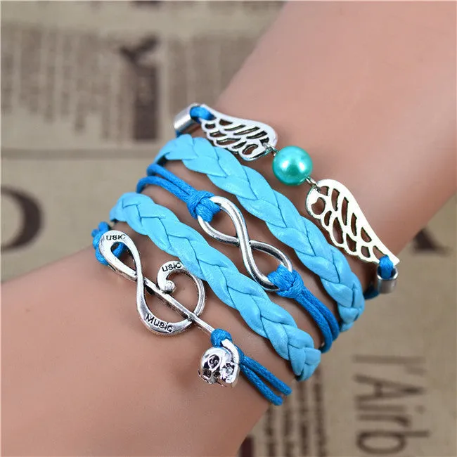 New Infinity Love Leather Owl Leaf Charm Handmade Bracelet
