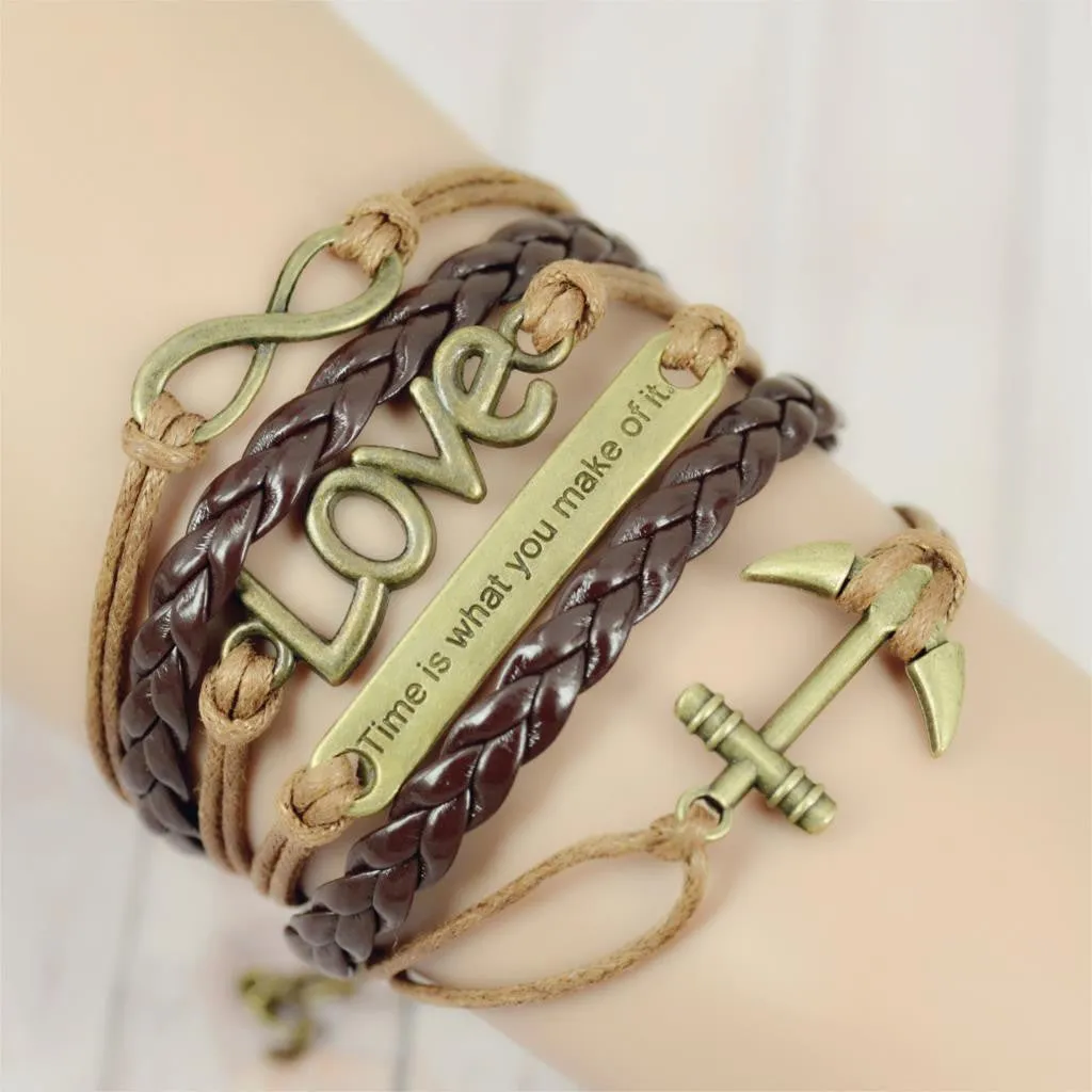 New Infinity Love Leather Owl Leaf Charm Handmade Bracelet