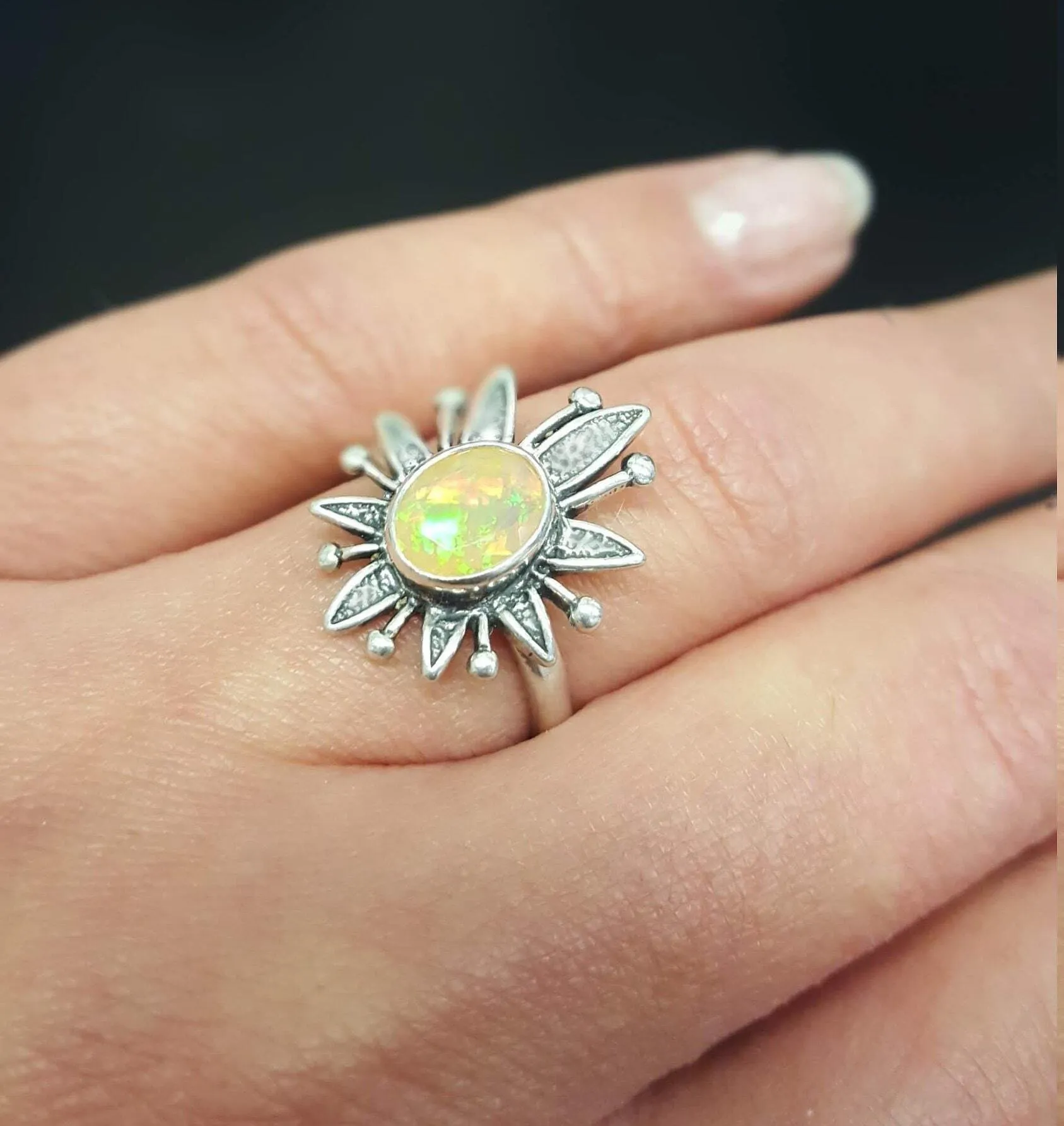 Opal Statement Ring - Large Flower Ring - Natural Fire Opal Ring