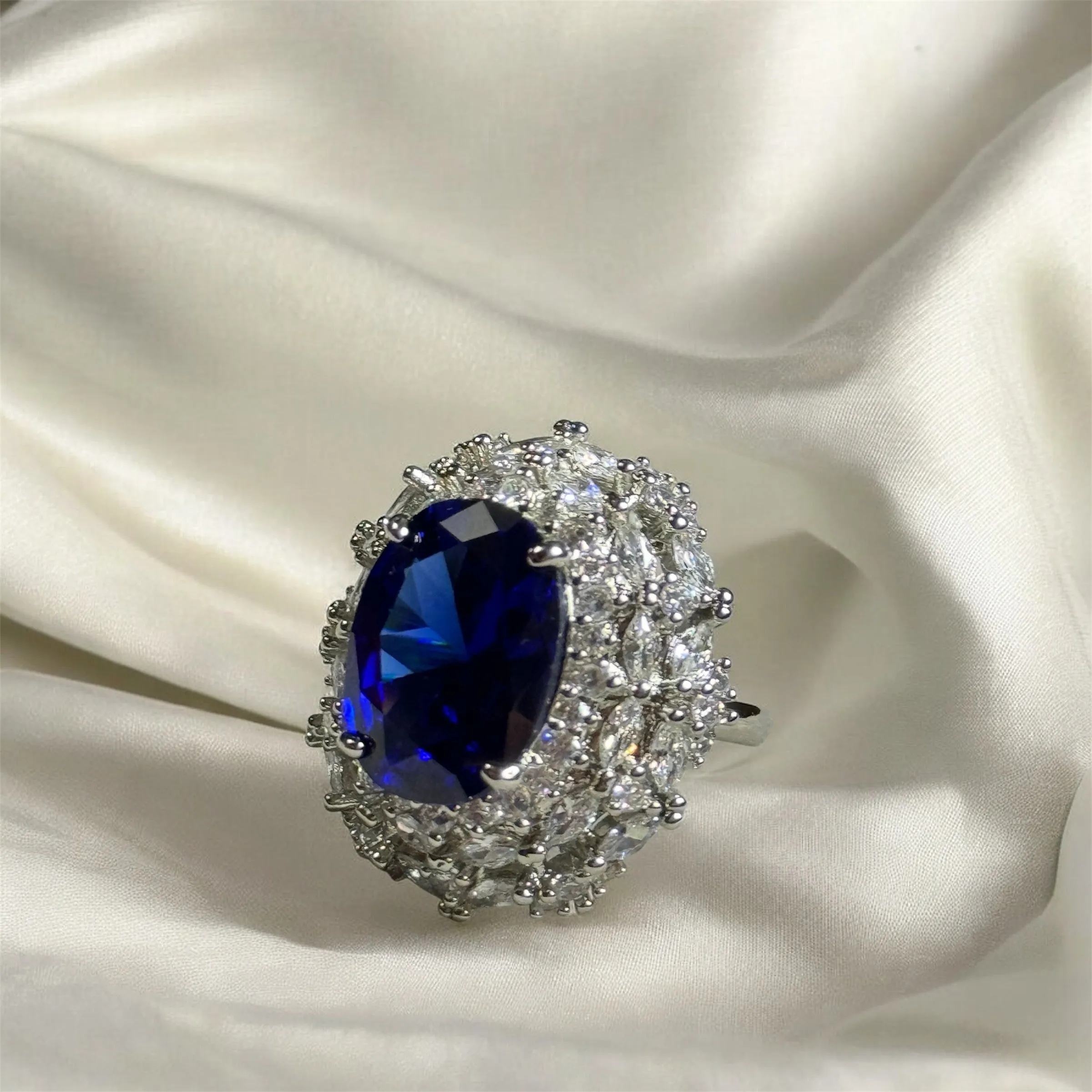 Oval Cut Simulated Blue Sapphire Ring Sterling Silver