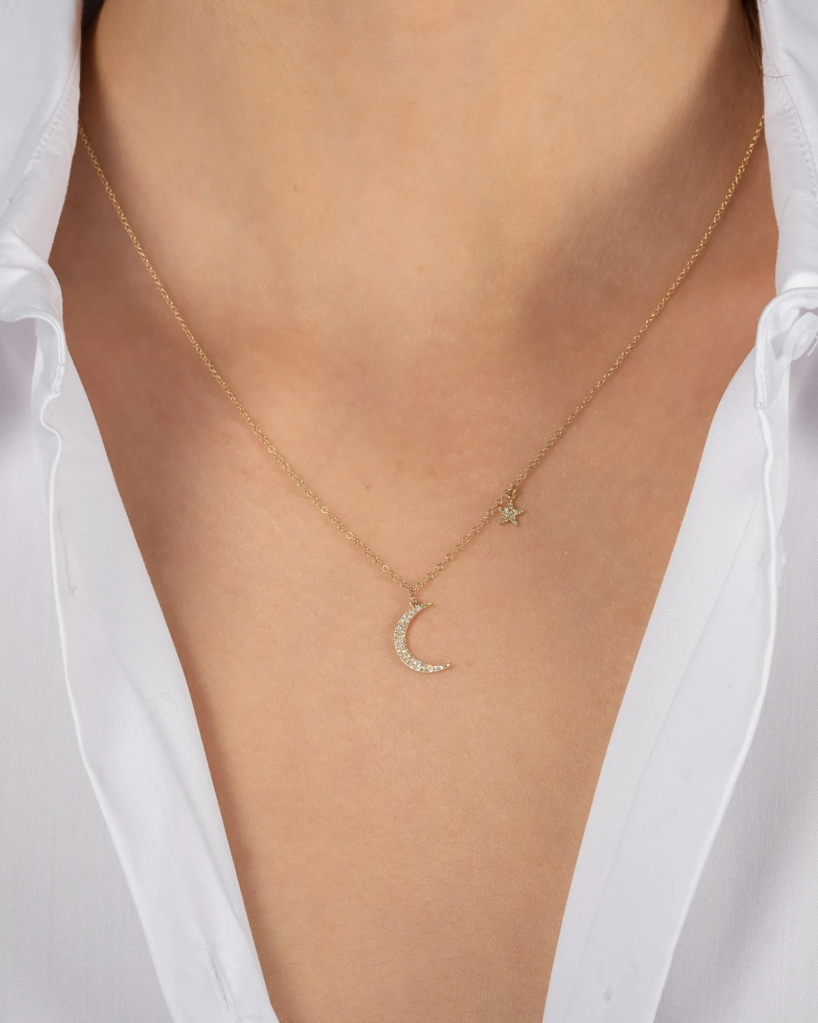 Pave Diamond Moon and Star Necklace