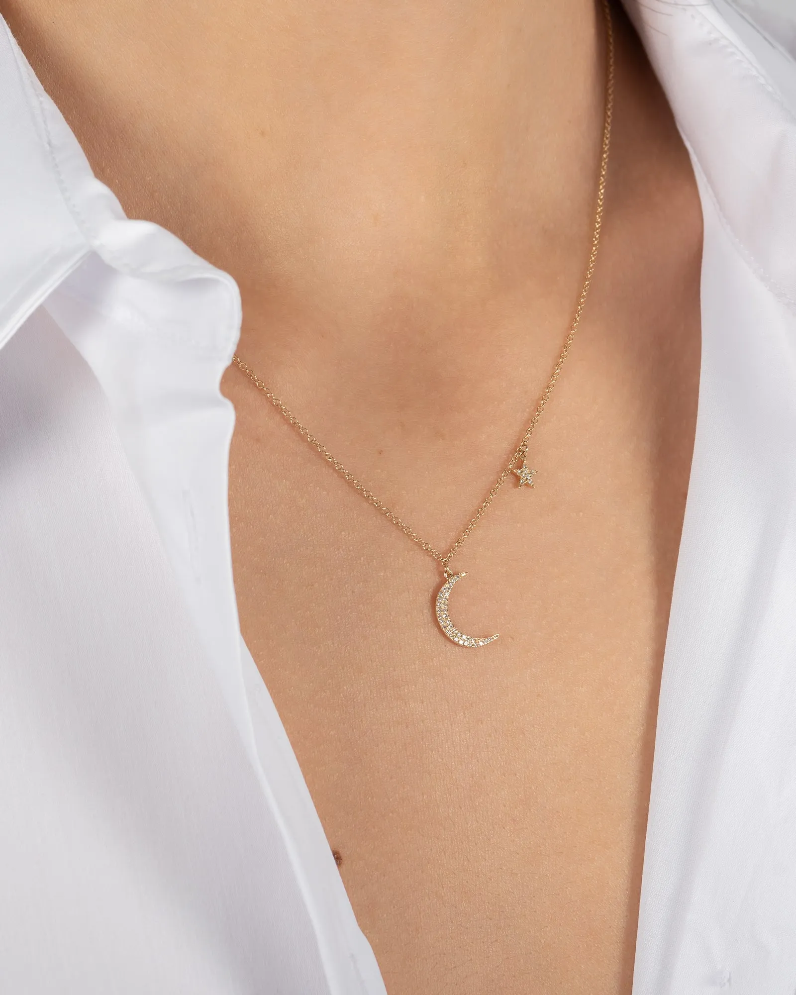Pave Diamond Moon and Star Necklace