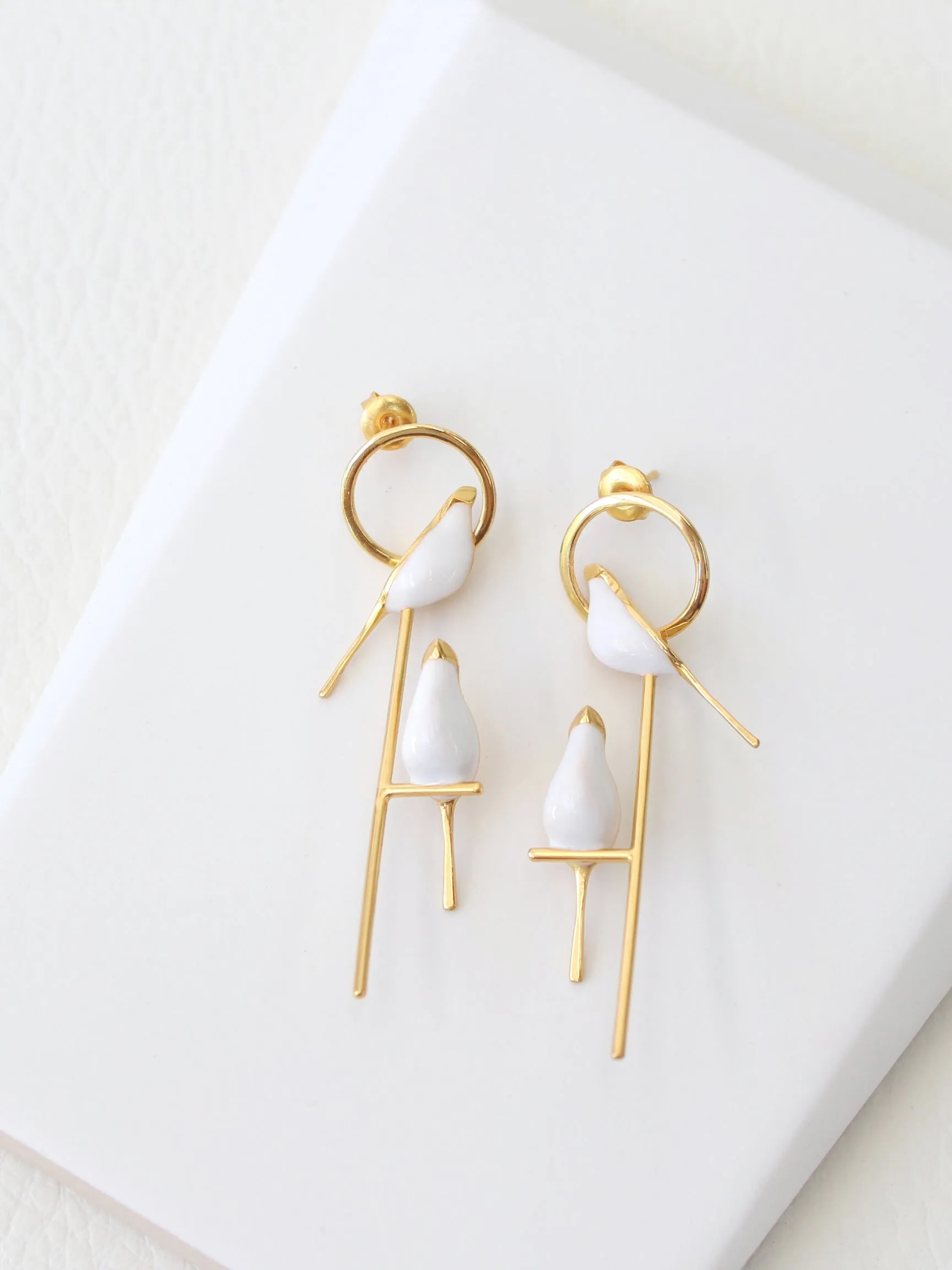 Perched Bird Earrings | 3D enamel sculptural earrings
