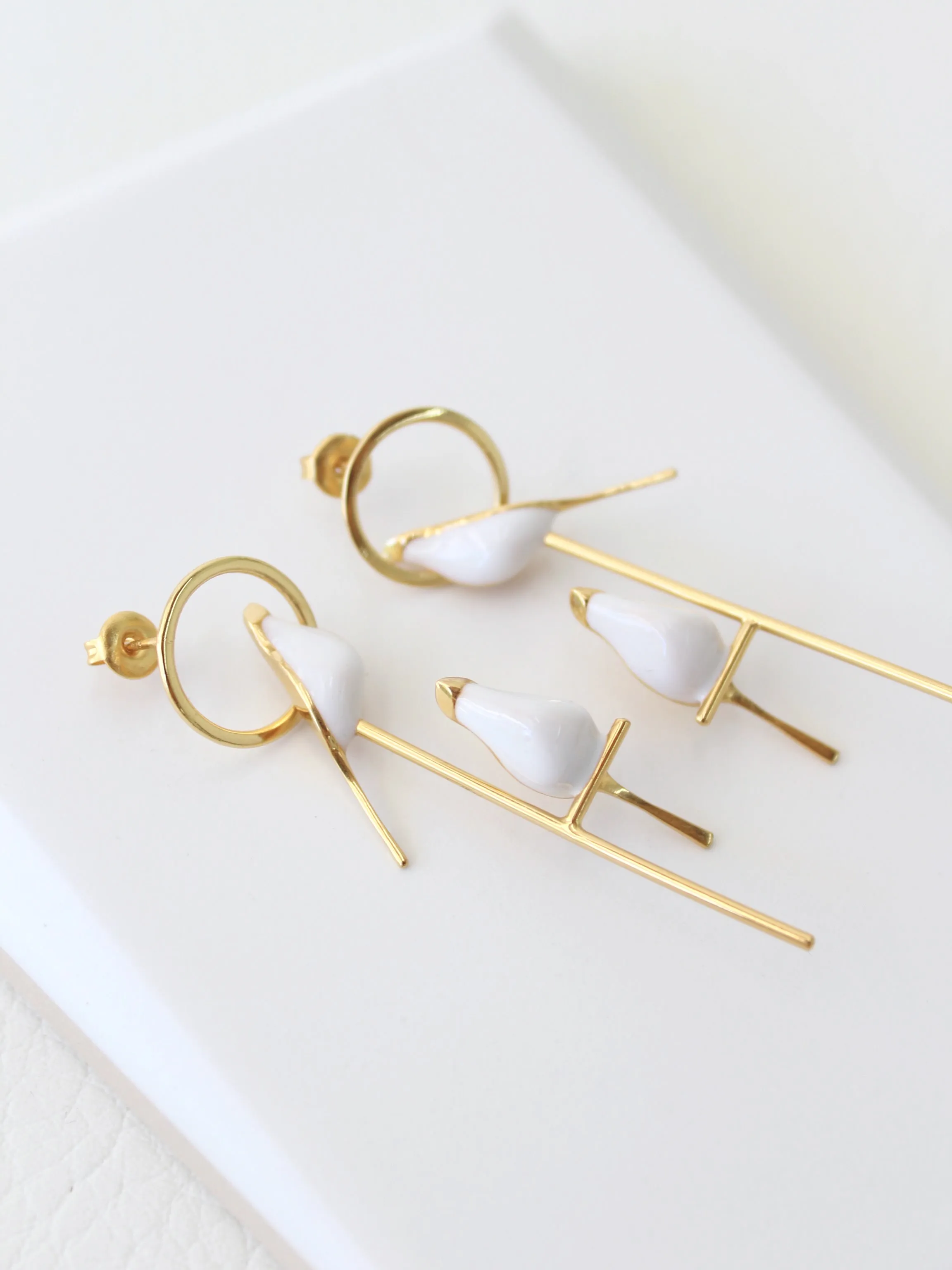 Perched Bird Earrings | 3D enamel sculptural earrings