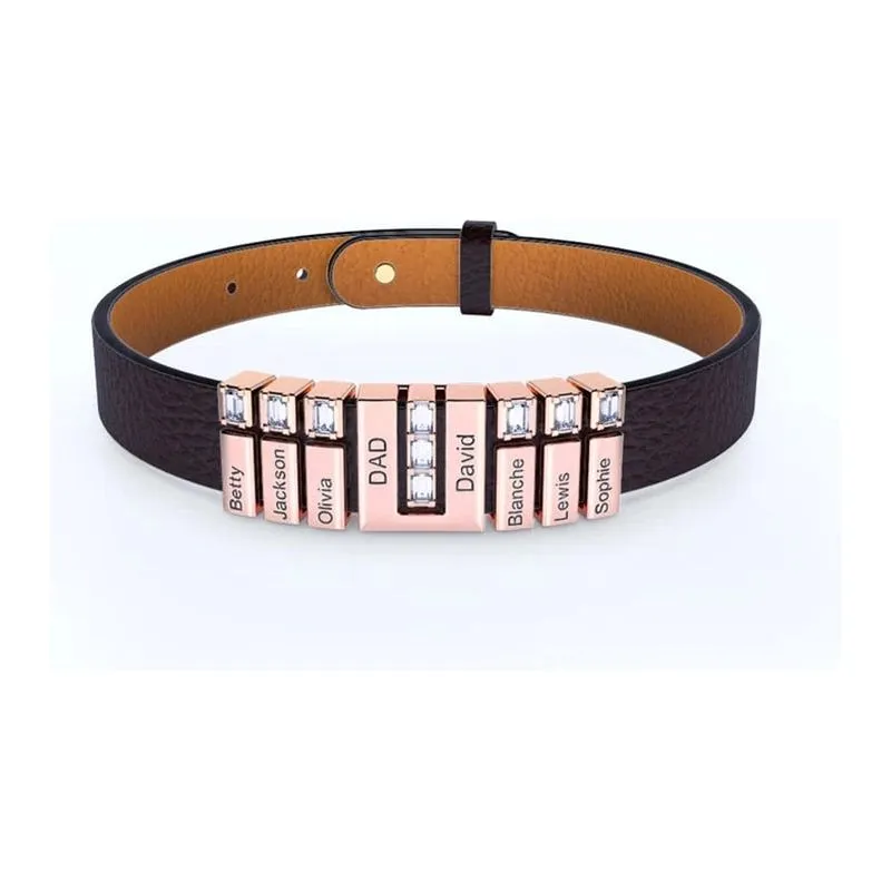 Personalized Leather Bracelet- Father's Day Gift For Him - Personalized Name Beads Men Leather/Stainless Steel Bracelet