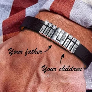 Personalized Leather Bracelet- Father's Day Gift For Him - Personalized Name Beads Men Leather/Stainless Steel Bracelet