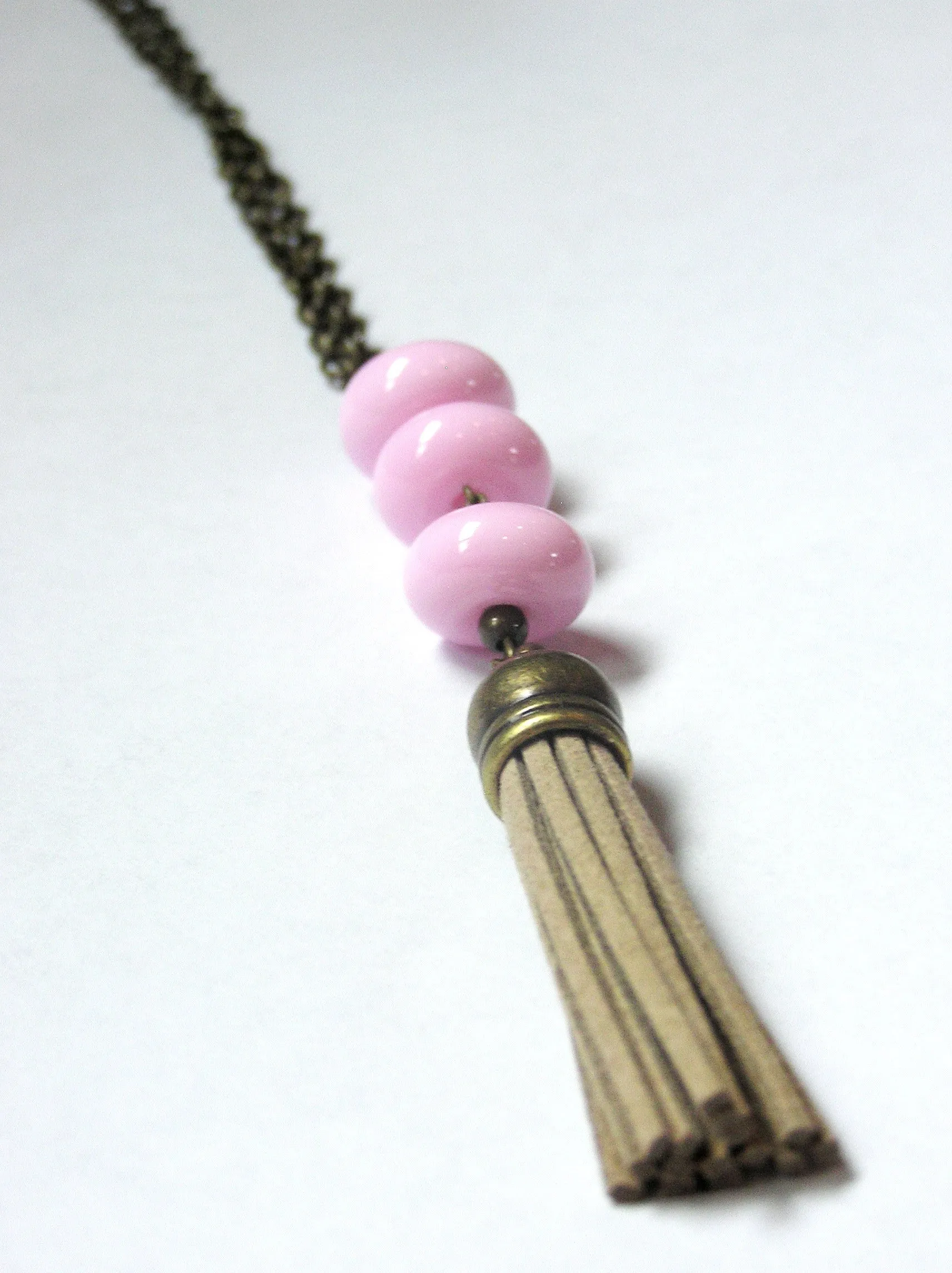 Pink Beaded Beige Tassel Necklace